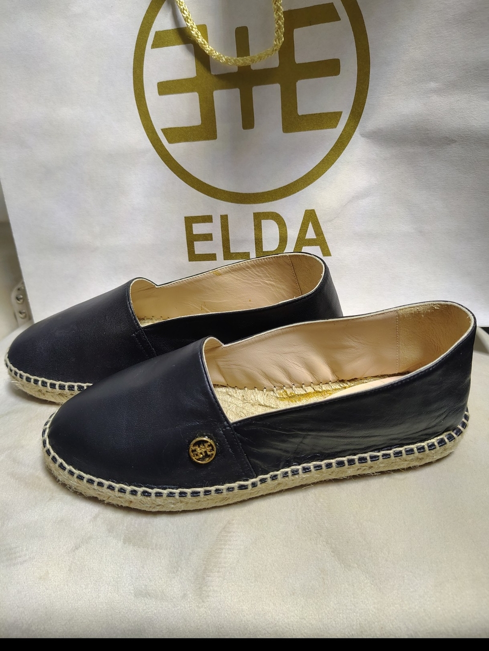 ELDA Black Leather Espadrille Flats